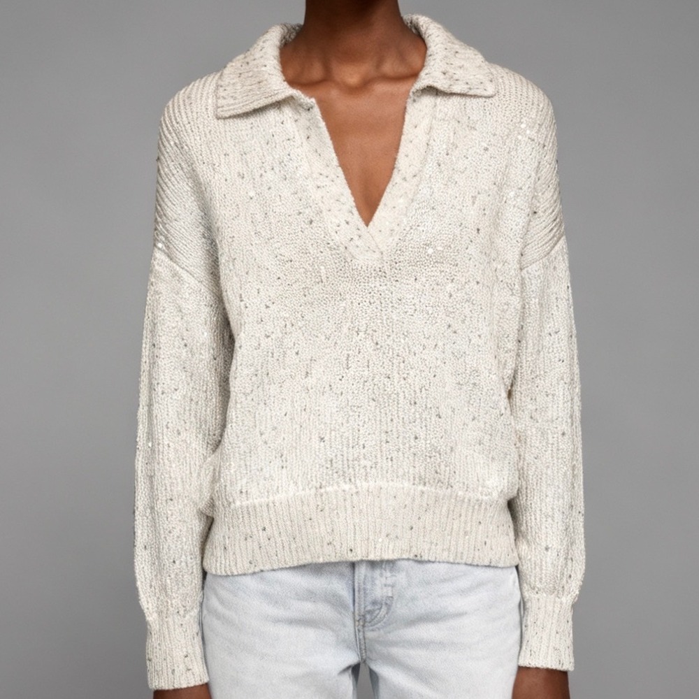 J. Crew Sequin Sweater Polo Retro Preppy V Neck Pullover Cream size Large